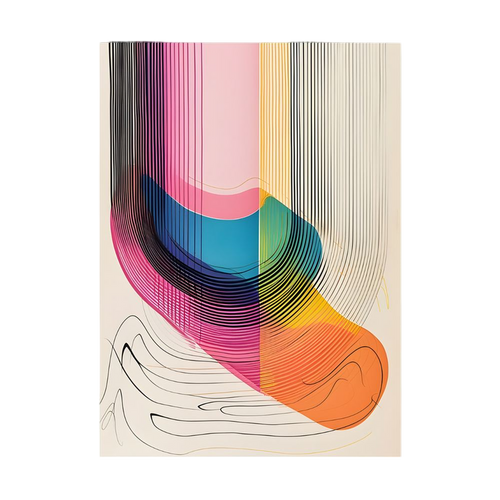 Flowing multicolour abstract ribbons with fine black contour lines.