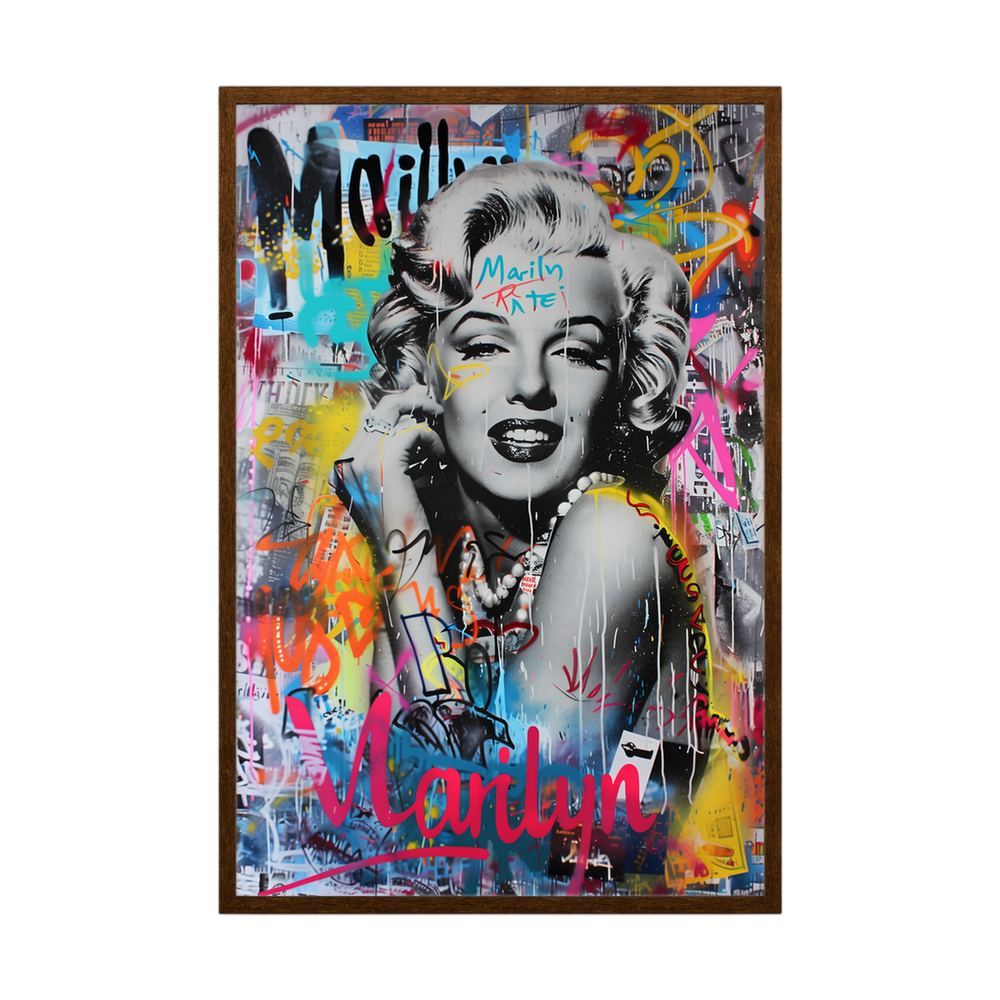 Colourful pop art female portrait with urban-style layers, shown in a black wooden frame.