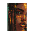 Close-up Black woman portrait with braids and gold jewellery.