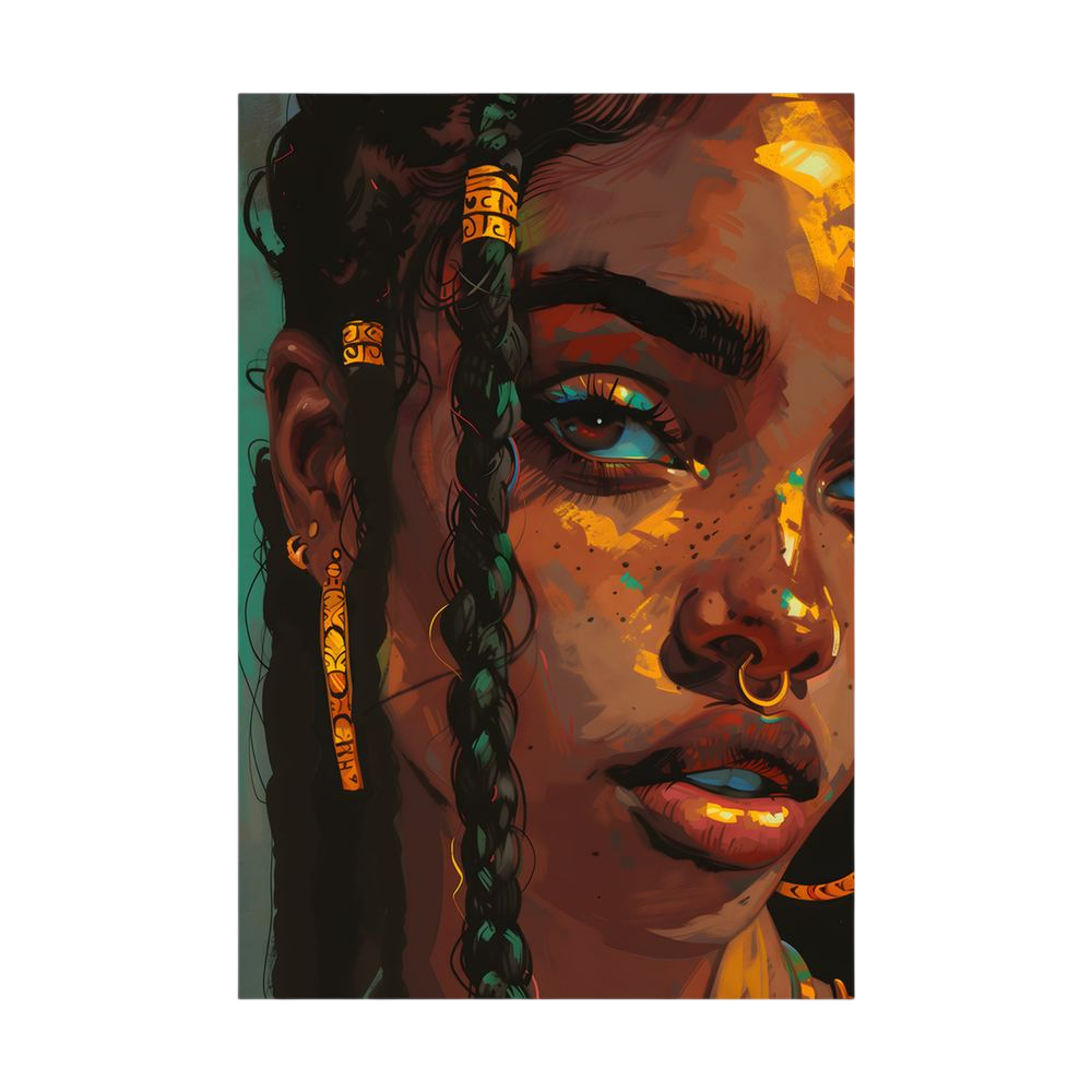 Close-up Black woman portrait with braids and gold jewellery.