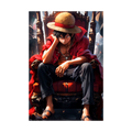 Straw-hatted anime pirate seated on an ornate throne.