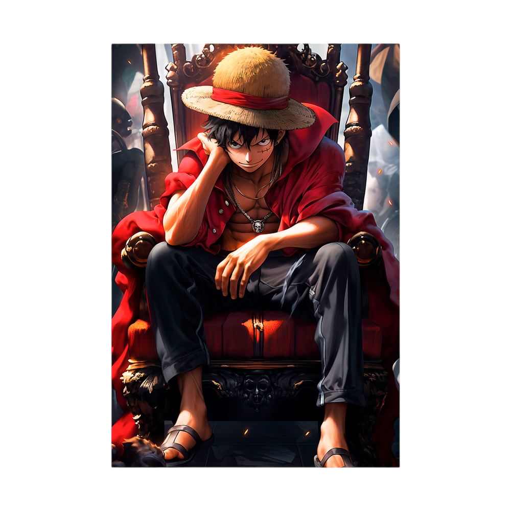 Straw-hatted anime pirate seated on an ornate throne.