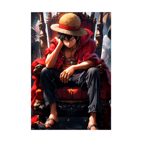 Straw-hatted anime pirate seated on an ornate throne.