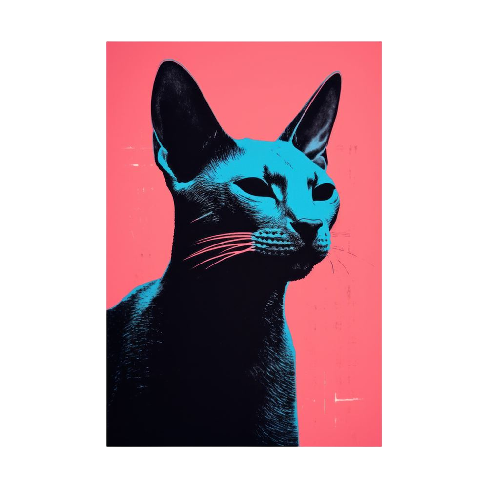 Black and cyan cat portrait on coral-pink background.