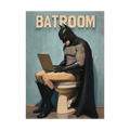 Caped comic-book vigilante using a laptop on a toilet.