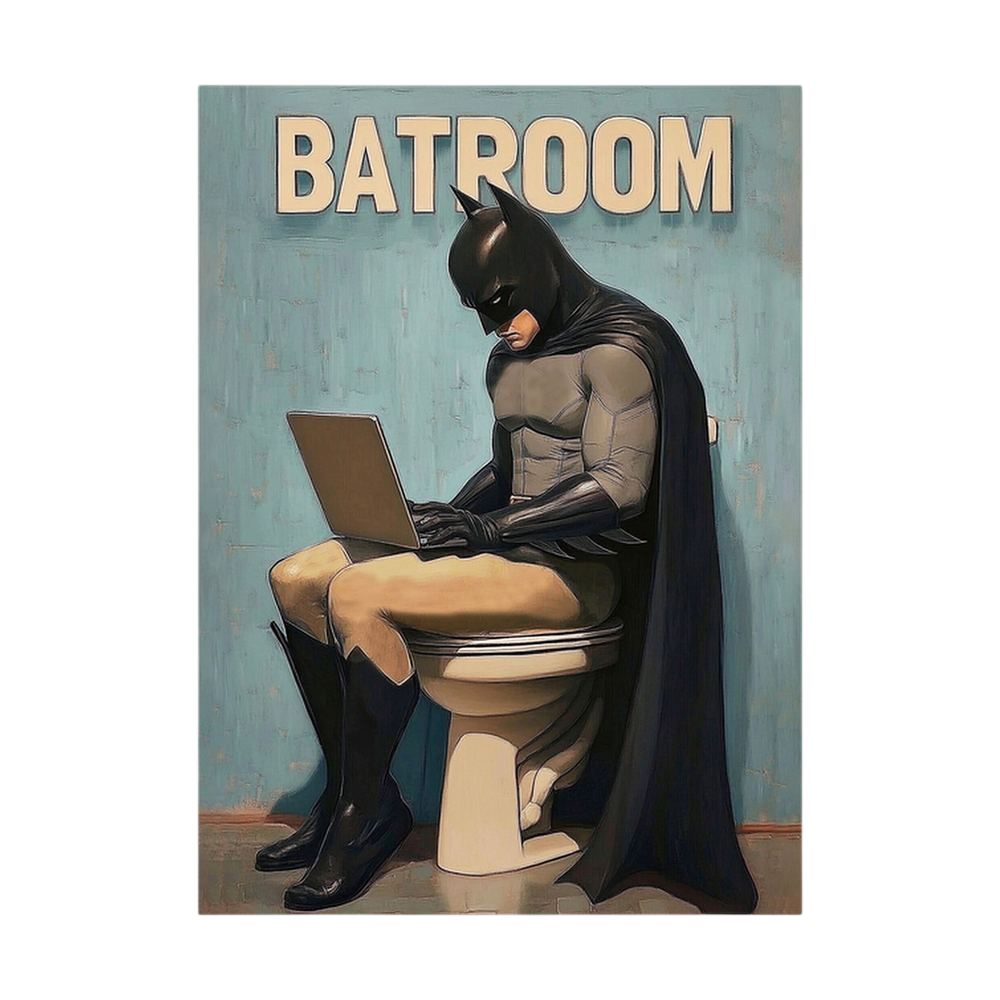 Caped comic-book vigilante using a laptop on a toilet.