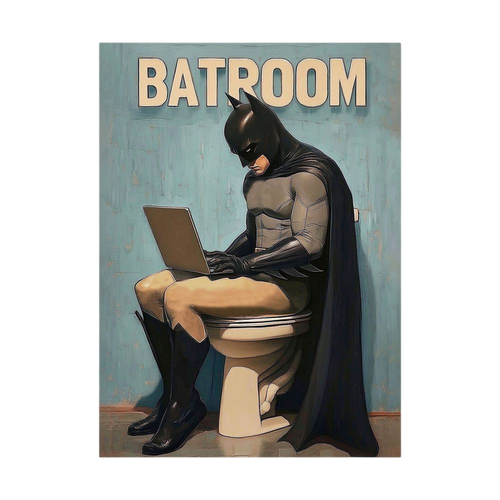 Caped comic-book vigilante using a laptop on a toilet.