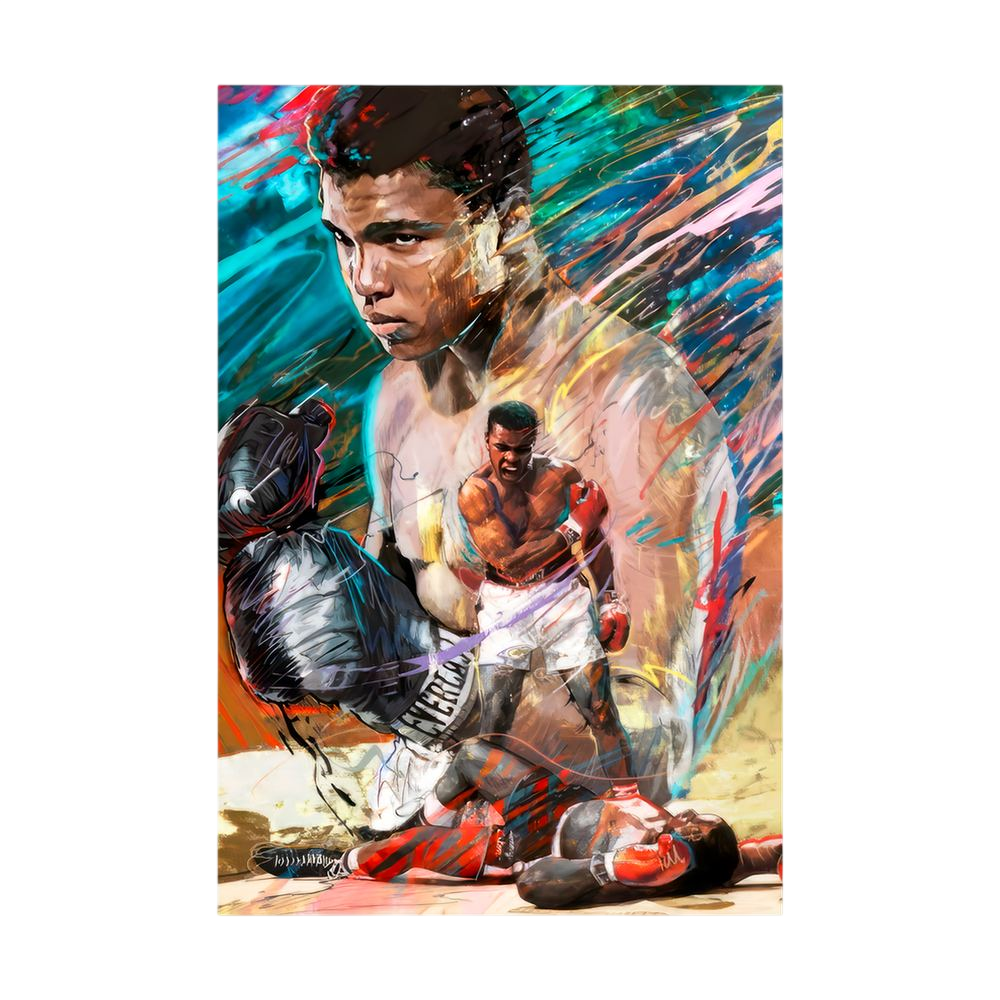 Colourful boxing portrait with layered ringside action, shown unframed.