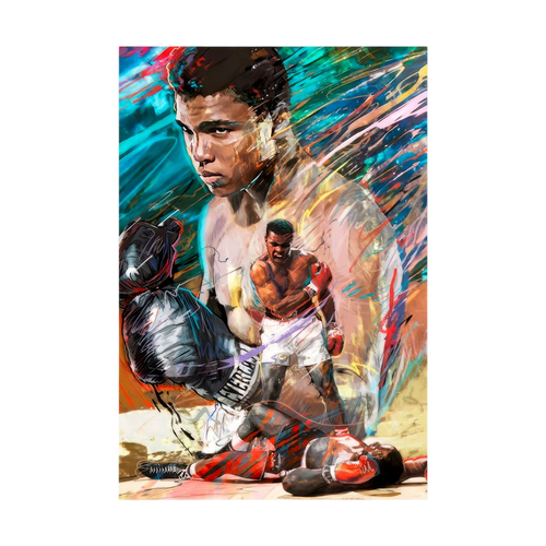 Colourful boxing portrait with layered ringside action, shown unframed.