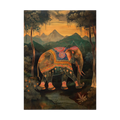 Decorated elephant in a dark mountain forest landscape.