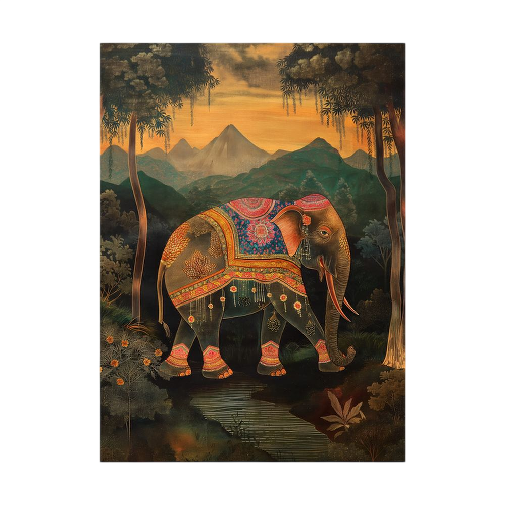 Decorated elephant in a dark mountain forest landscape.