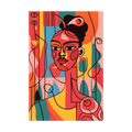 Cubist-style woman portrait in coral, teal and yellow.