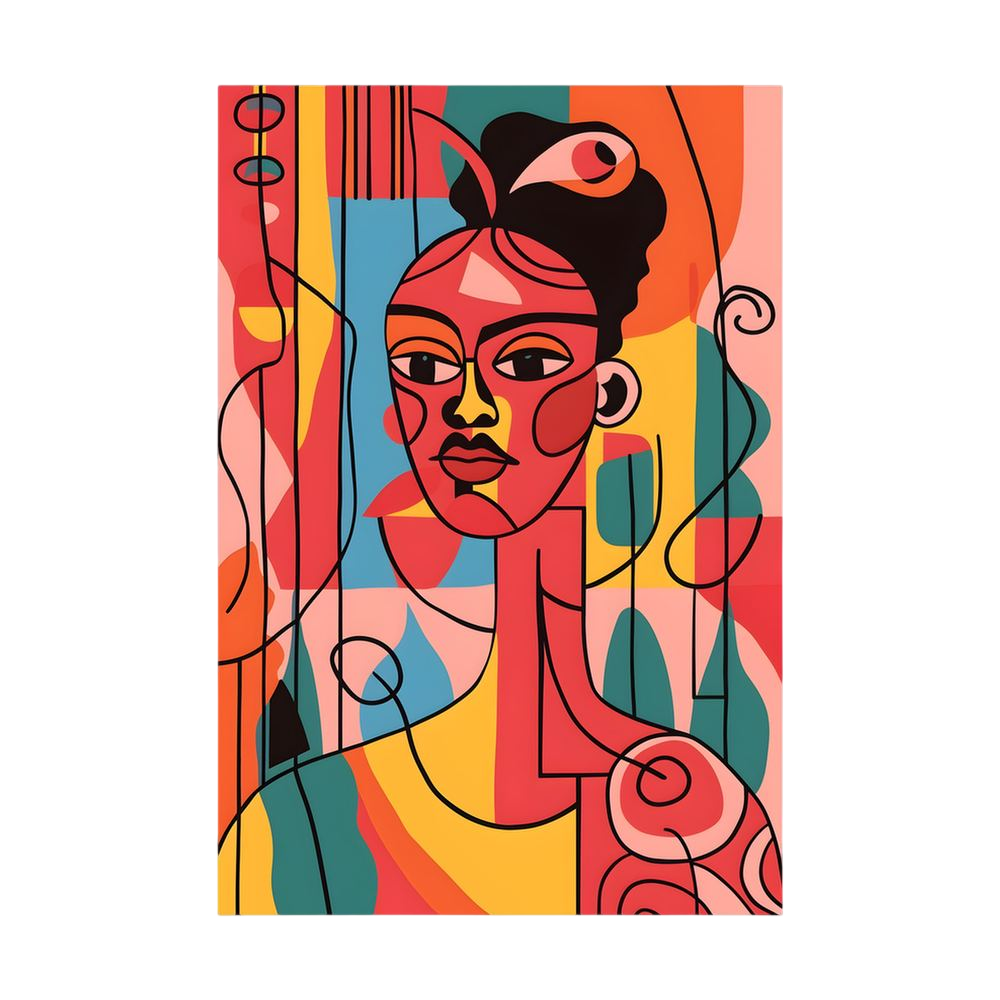 Cubist-style woman portrait in coral, teal and yellow.