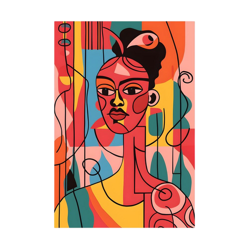 Cubist-style woman portrait in coral, teal and yellow.