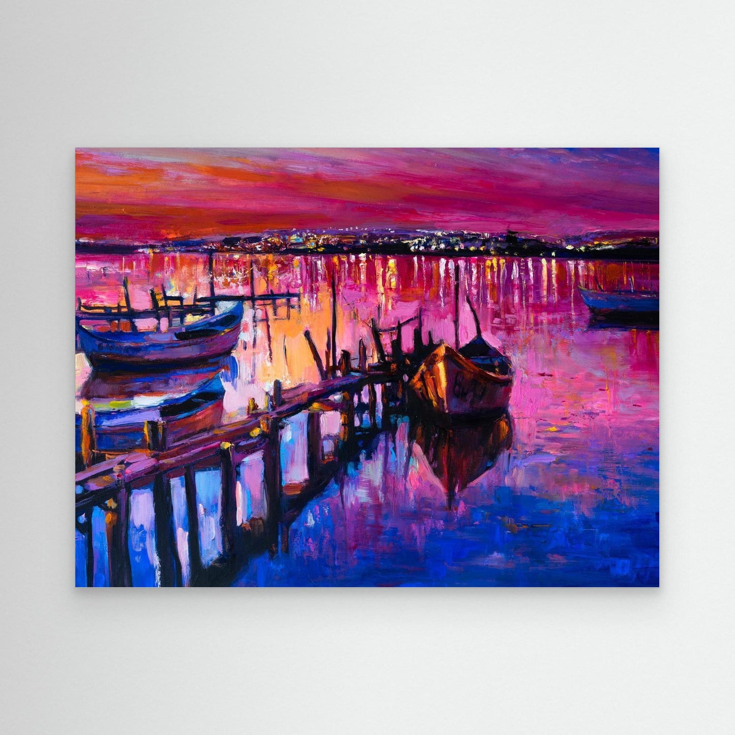 Harbor Serenity at Dusk: Reflections and Vibrant Hues Framed Canvas Art