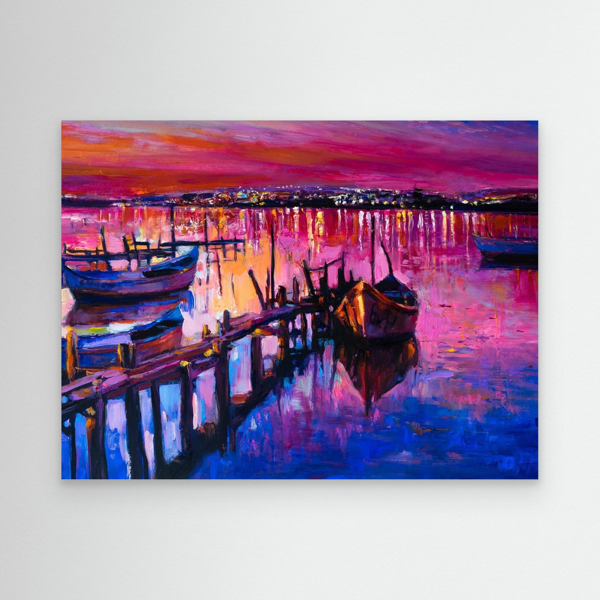 Harbor Serenity at Dusk: Reflections and Vibrant Hues Framed Canvas Art