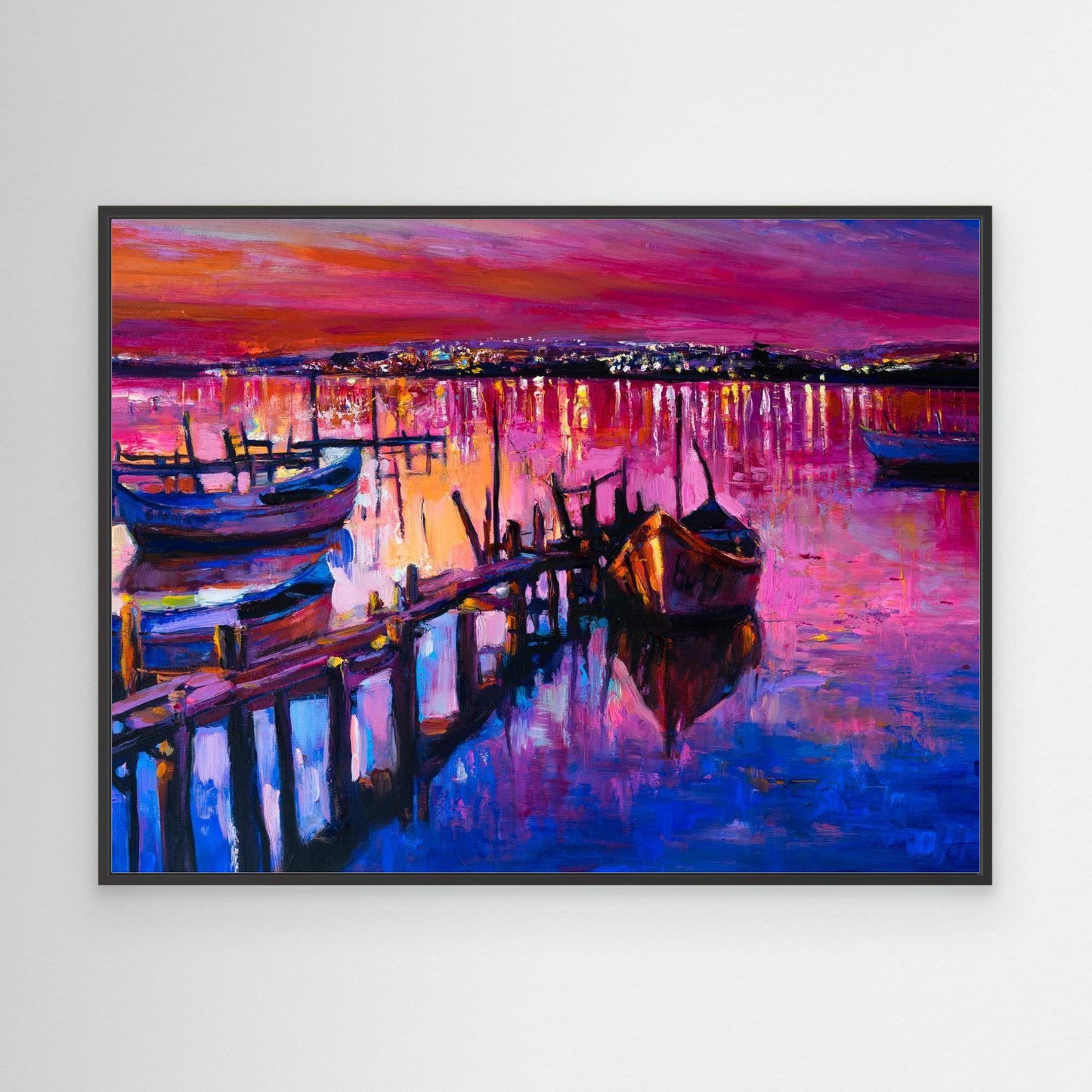 Harbor Serenity at Dusk: Reflections and Vibrant Hues Framed Canvas Art