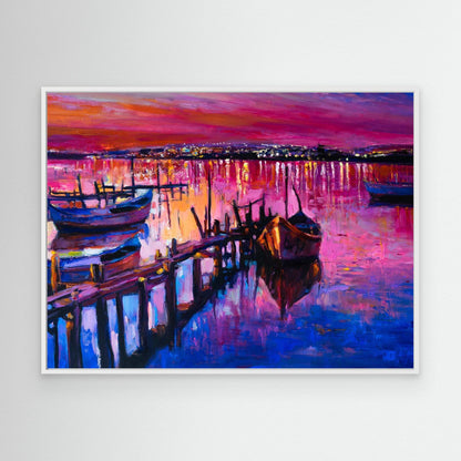Harbor Serenity at Dusk: Reflections and Vibrant Hues Framed Canvas Art